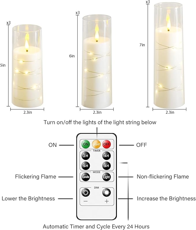 Flickering Flameless LED Candles, 9 Pcs with Embedded Star String, Acrylic LED Pillar Candles with Remote, Suitable for Home Decoration (White)