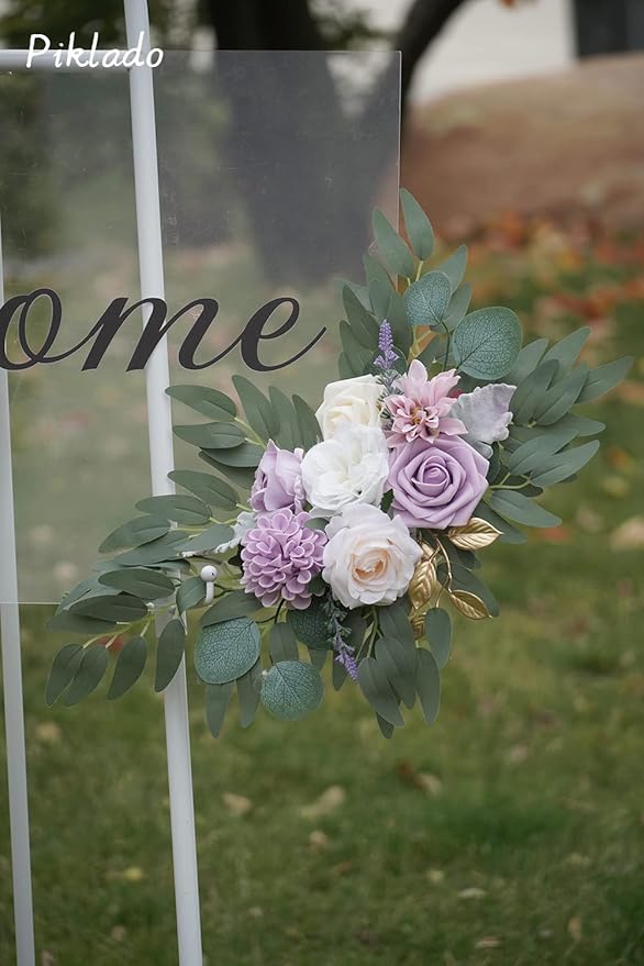 Faux Flower Swag Set of 2 for Wedding Welcome Signs Floral Swag Wedding Reception Ceremony Signs Decor (Purple)