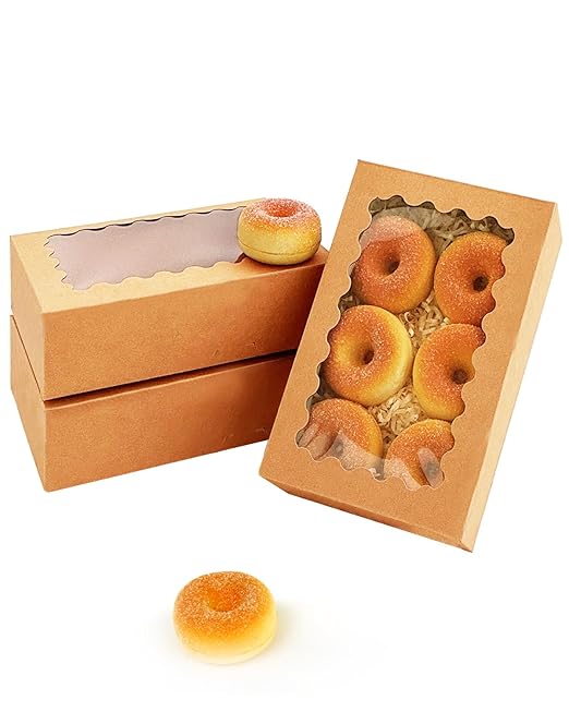 qiqee Auto-pop up Brown Cookie Box with Window 12x8x2.5 inch 32 Packs Two Uses One Second Folding Pastry Biscuit Bakery Box for Packaging