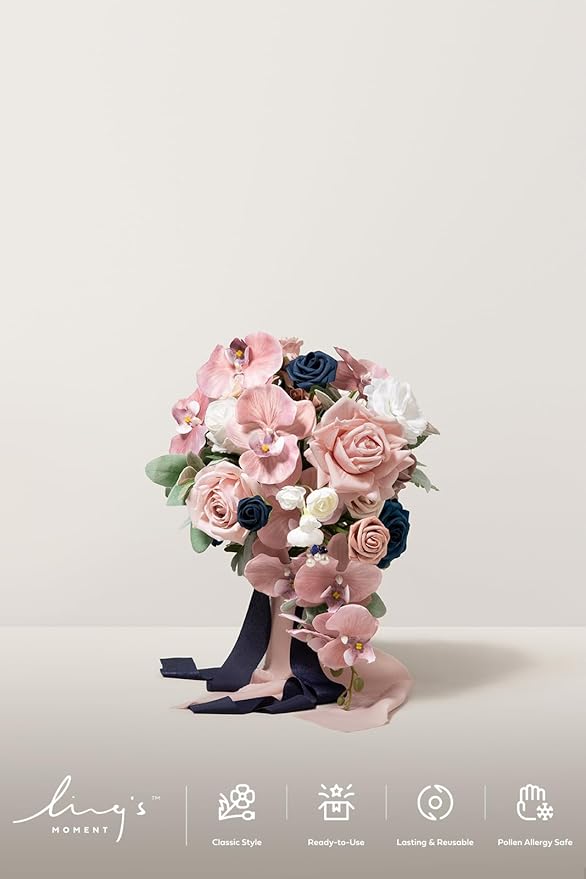 Ling's moment Pink Blue Bridal Bouquet Cascading, Dusty Rose Navy Wedding Bouquets for Bride, 13 Inch Bride Artificial Flowers Bouquets