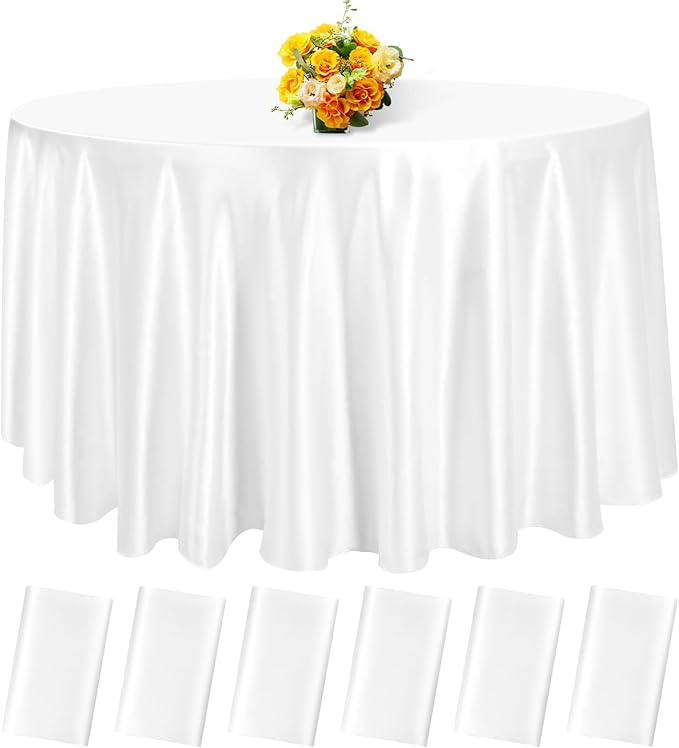 6 Pack 120 Inch White Round Tablecloth - Premium Silky Satin Tablecloth Overlay Smooth Fabric Table Cover Linens, Table Decoration for Wedding Party Banquet Events Restaurant Kitchen Dining
