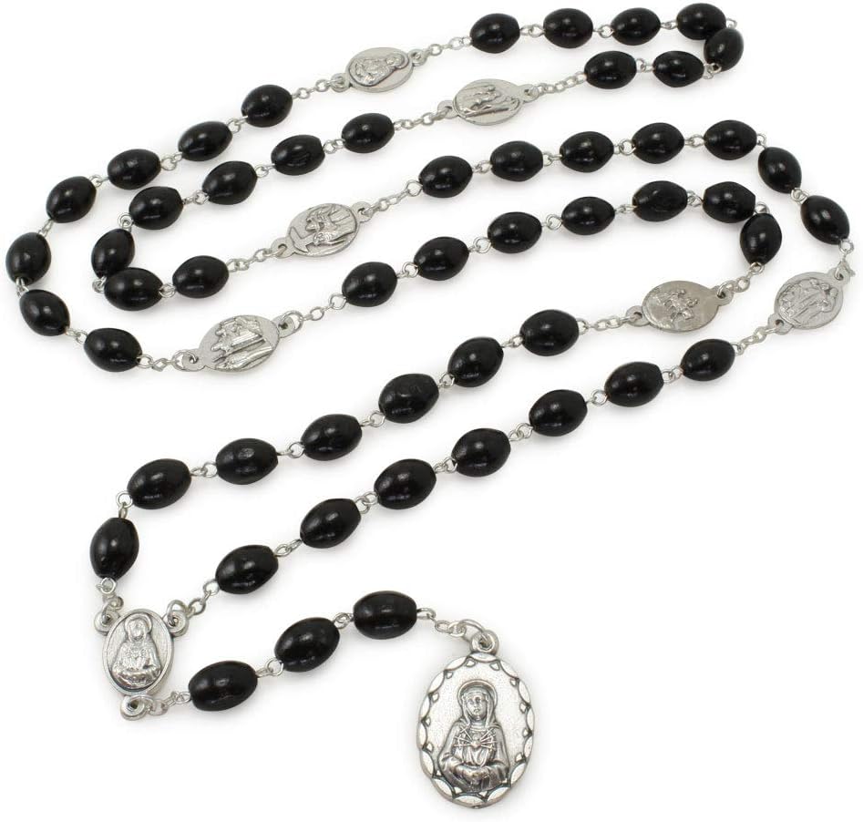 Seven Sorrows of Mary Rosary Chaplet Oval Black Wood Beads - Servite Rosary