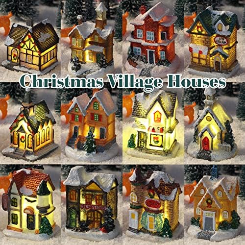 Kajaia 24 Pcs Christmas Houses Village and Mini Trees LED Lights Town Set