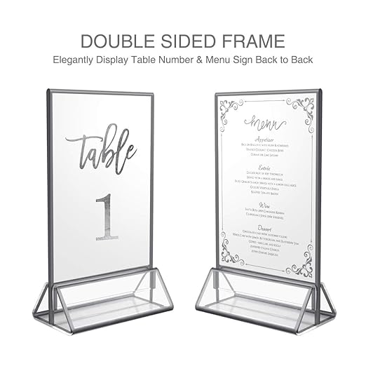 NIUBEE 6Pack 8.5x11 Clear Acrylic Sign Holder with Sliver Borders and Vertical Stand, Double Sided Table Menu Holders Picture Frames for Wedding Table Numbers, Photos