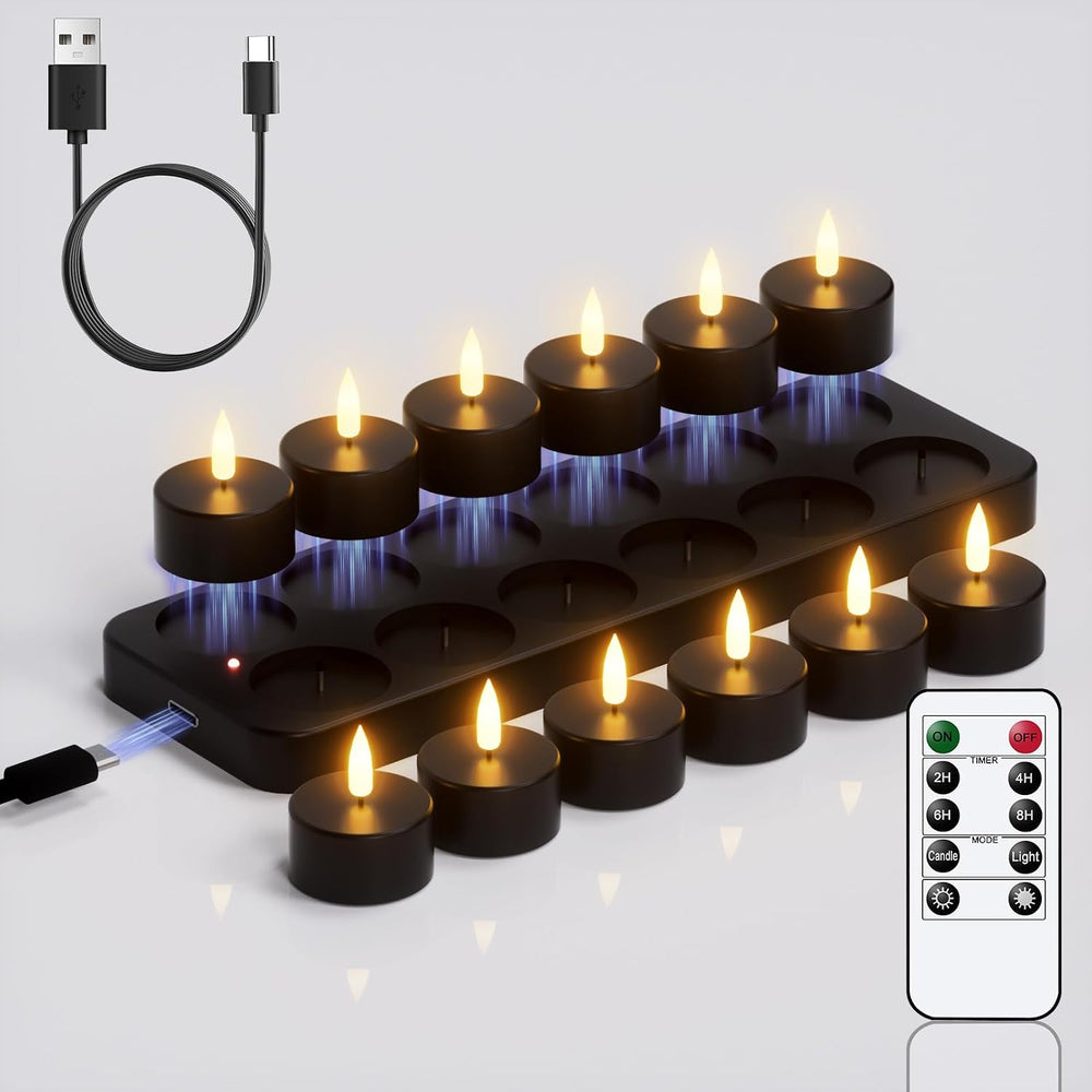 Black Rechargeable LED Tea Lights Candles Battery Operated with Remote