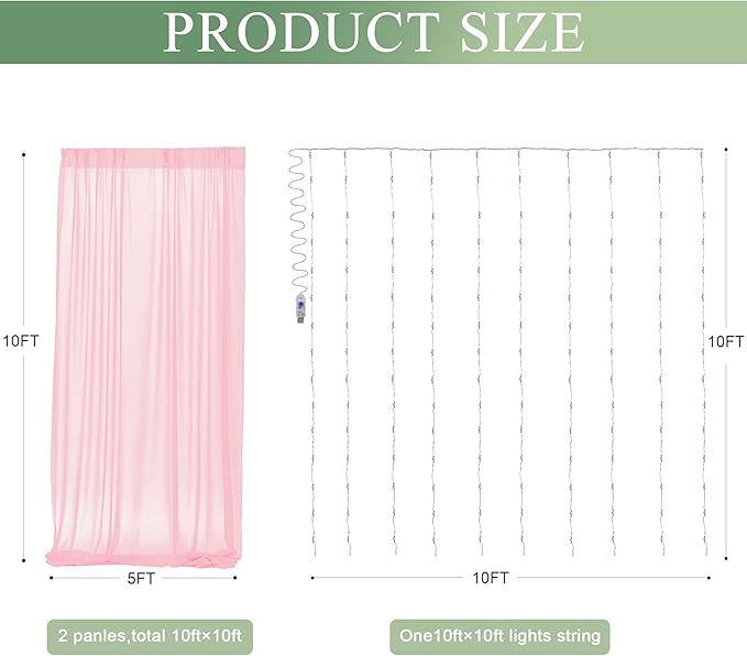 Tulle Backdrop Curtain with Lights String 10FT X 10FT Pink Sheer Tulle Backdrop Curtains for Wedding Birthday Party Reception Photo Booth Background Decorations (2 Panels 5x10FT)