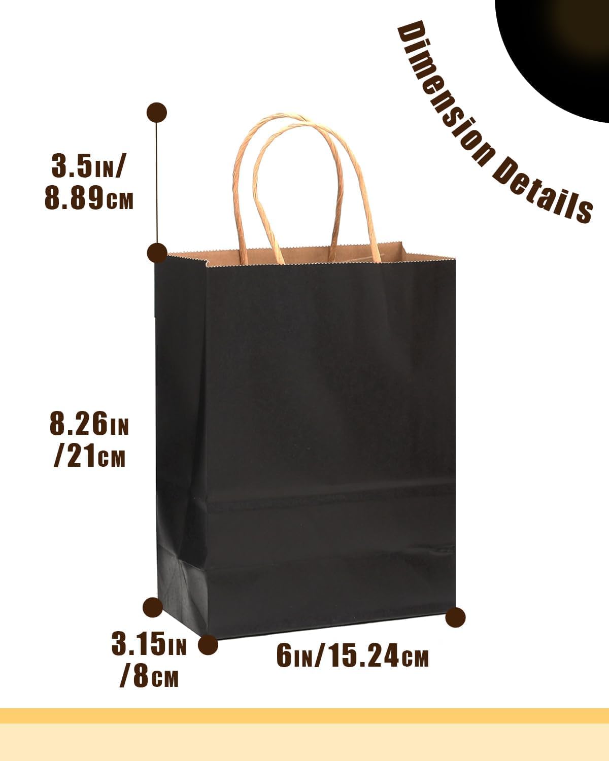 qiqee 600-packs black paper gift bags with handles, close-up detail