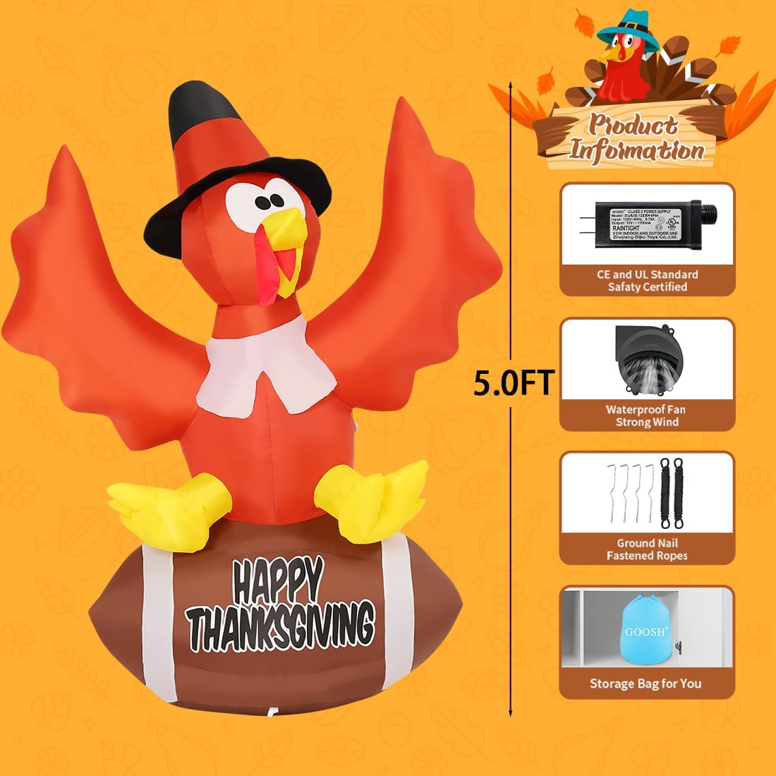 goosh 5 ft thanksgiving inflatables turkey outdoor decorations, side view