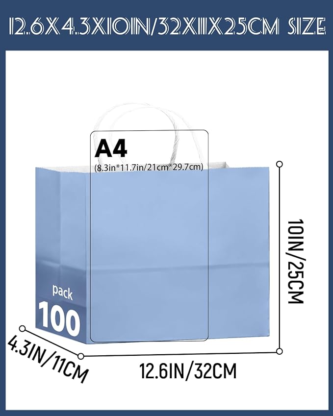 qiqee 100PCS Large Gift Bag with Handles Bulk 13"x4.5"x10" Gift Bags Light Blue Multiple Uses (32x11x25cm,Wide Large)