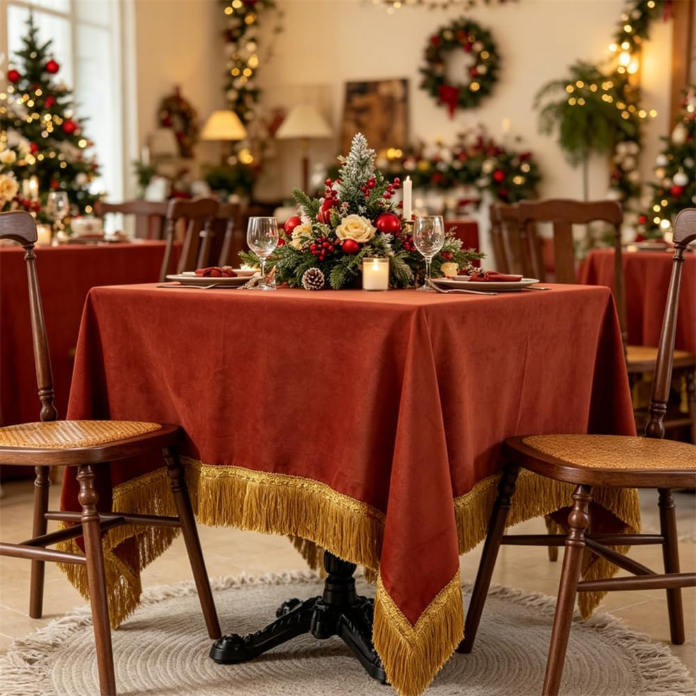 F-CHU Luxury Burnt Orange Tablecloth Thickset Velvet Tablecloth 60x60IN