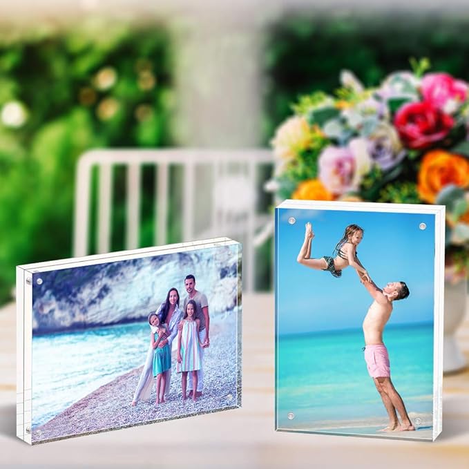 HELPLEX Acrylic Frames, 2 Pack 6x8, 24mm Thick, Frameless, Magnetic, Free Standing