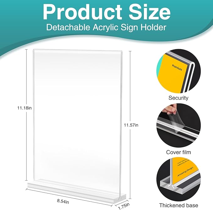 Relx 18 Pack Acrylic Sign Holder 8.5 x 11, Vertical T Shape Plastic Sign Holder with Base, Double-Sided Clear Tabletop Plexiglass Flyer Stands for Restaurant Office Store Home Picture Frame Display