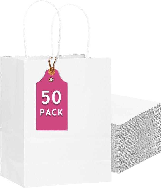 qiqee 50-Packs White Paper Gift Bags with Handles Bulk 13"x10.3"x4.6" Large Size Party Favor Bags Multiple Uses
