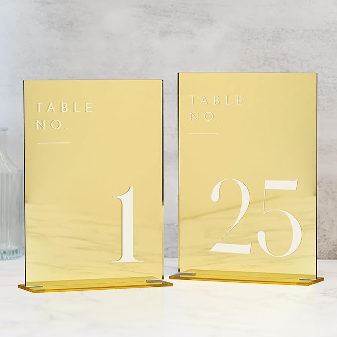 JINMURY Gold Wedding Table Numbers 1-25 with Stands, 5"x7" Gold Mirror Acrylic Table Numbers, Perfect for Wedding Reception, Party, Anniversary, Event
