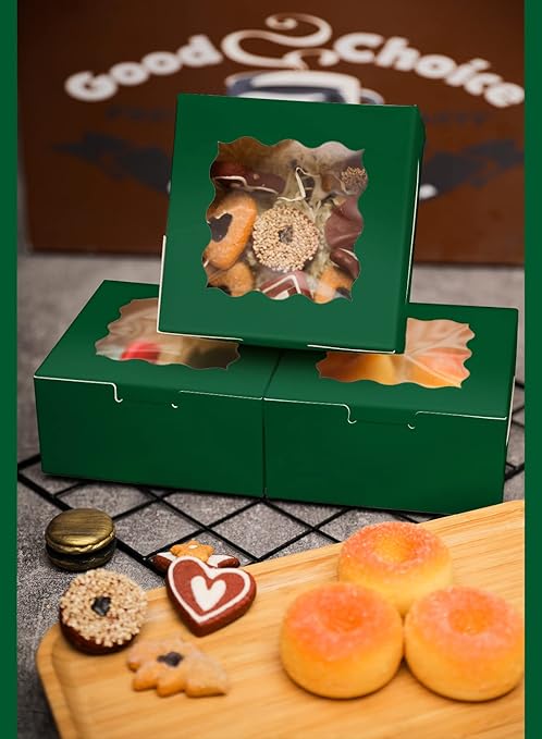 Bakepacker 60pcs Deep Green Bakery Boxes with Window 6x6x3 inches Thick & Sturdy Macaroon Pastry Boxes Cookie Boxes for Bakerys