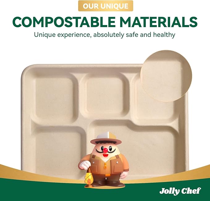JOLLY CHEF Compostable 𝟱 Compartment Paper Plates 𝟭𝟭 * 𝟴 𝗶𝗻𝗰𝗵 [𝟱𝟬𝟬 𝗣𝗮𝗰𝗸] Heavy Duty Natural Divided Disposable Eco-Friendly Biodegradable Containers Food Trays for Dinner Lunch Buffet (500 Pack)