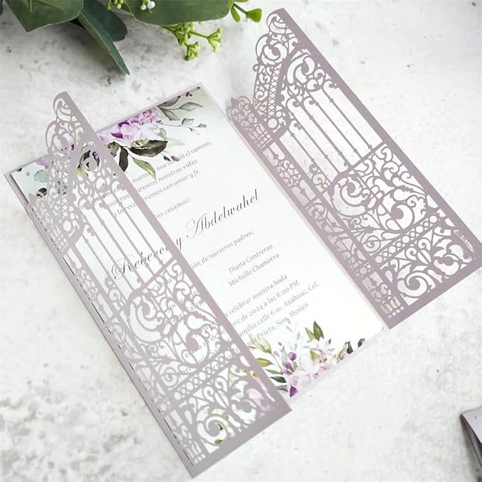 MillaSaw Lavender Laser Cut Wedding Invitations Gate invite Folder For Marriage Valentines Birthday Party 25 Sets (lavender, 4.9"x7.1")
