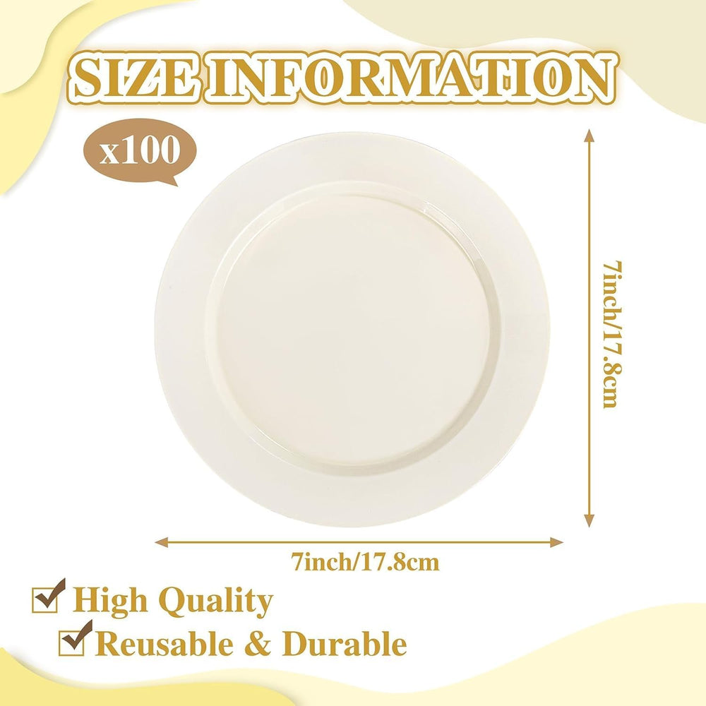 100Pcs 7" Ivory Plastic Dessert Plates, Fancy Plastic Dessert Plates