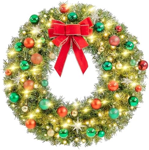 Yaheetech 30in Large Artificial Christmas Wreath, Pre-lit Holiday Accent Decoration with Red Bow, 110 LED Lights & 300 PVC Tips, Metal Structure for Door Wall & Mantel