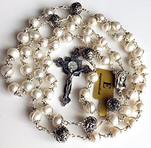 elegantmedical Wire Wraped Bali 925 Sterling Silver Pearl Beads Rosary Necklace Cross