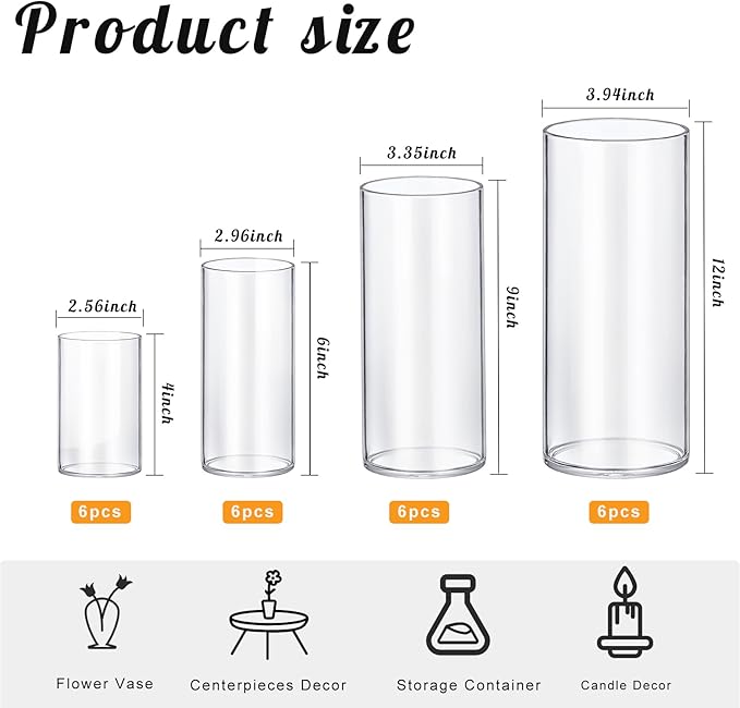 24 Pack Thick Glass Cylinder Vases 4,6,9,12 Inch Tall Clear Flower Vase Hurricane Floating Candle Holder for Table Centerpiece Wedding Home Decor