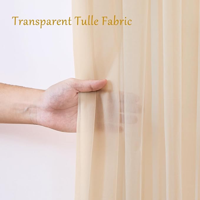 30×10ft Champagne Tulle Backdrop Curtain with Lights String for Parites, Sheer Photo Backdrop Curtains for Wedding Party Photography Background