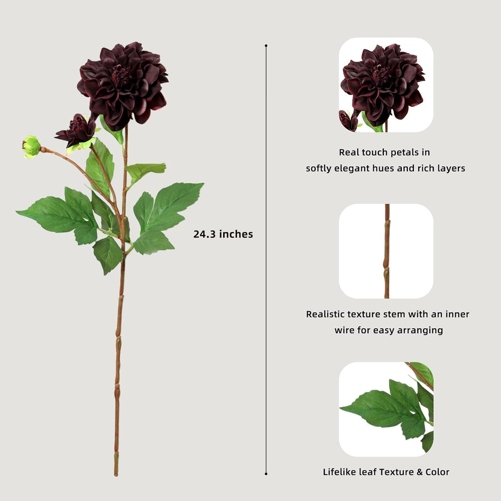 KBREE Real Touch Dahlia Artificial Flowers, 3 Pcs, 24.3” Long Stem Faux Dahli...
