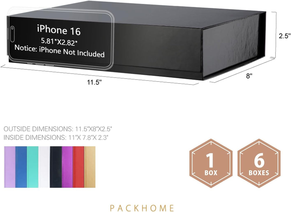 6 Black Gift Boxes 11.5x8x2.5in with Magnetic Lids for Shirt