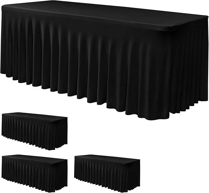 Nasitos Black Table Skirt for 6 Foot Rectangle Tables, 4 Pack - 72 x 30 Inch - Stretch Spandex Fitted Table Clothes, Fabric Table Covers Cocktail Tablecloths for Party, Banquet, Birthday