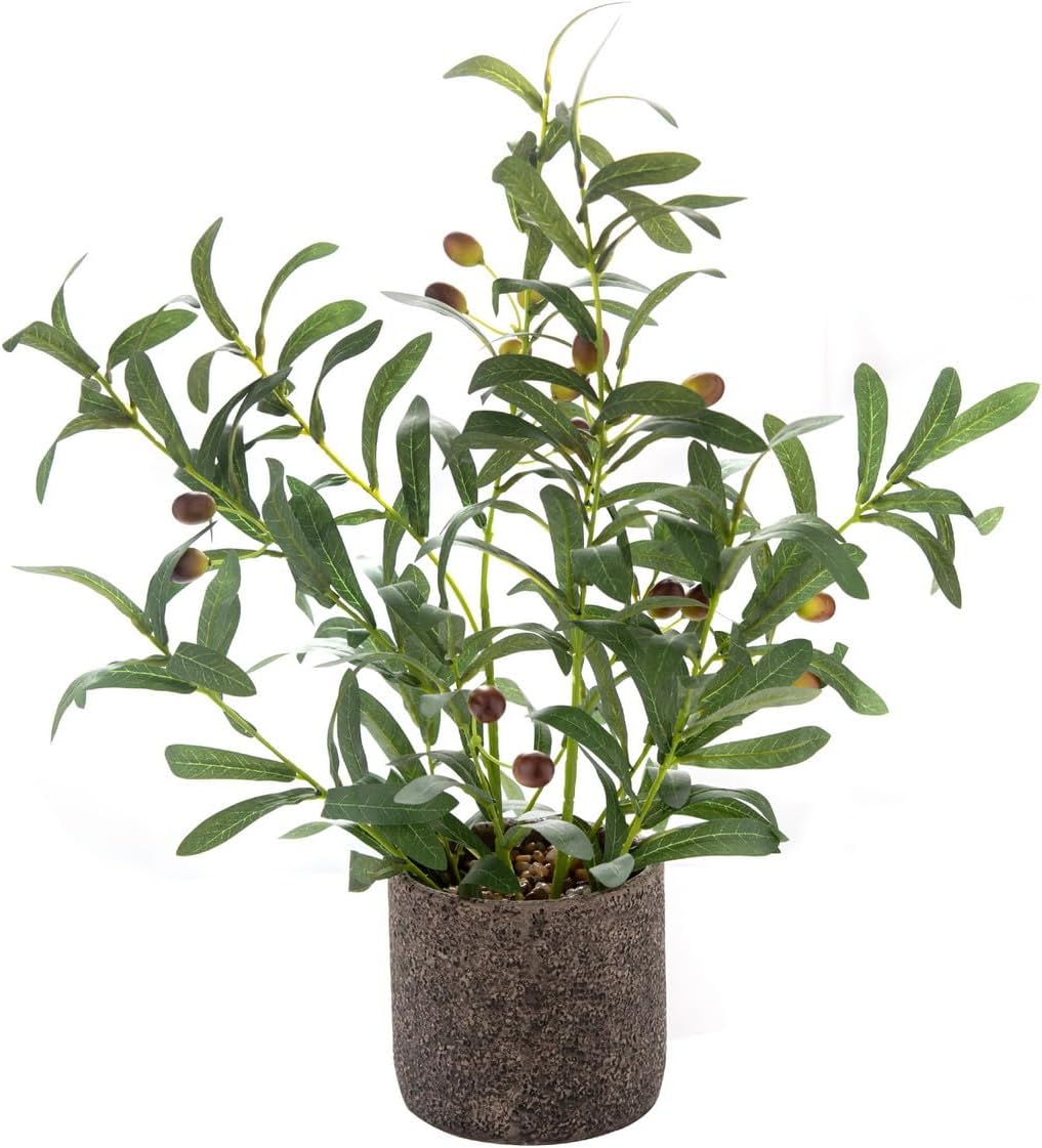 AlphaAcc Fake Faux Small Olive Potted Plant 18" Rustic Cement Planter