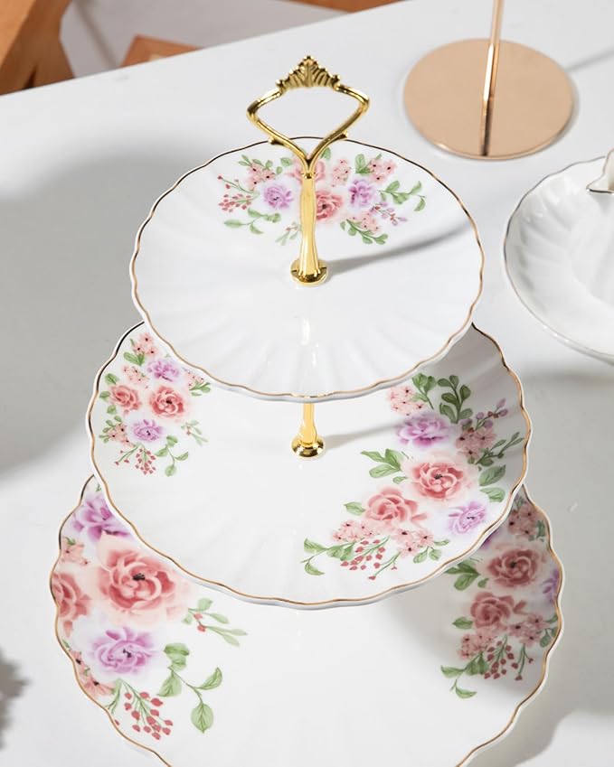 Sweejar 3 Tier Ceramic Cake Stand Wedding, Dessert Cupcake Stand for Tea Party Serving Platter (Rose Flower)