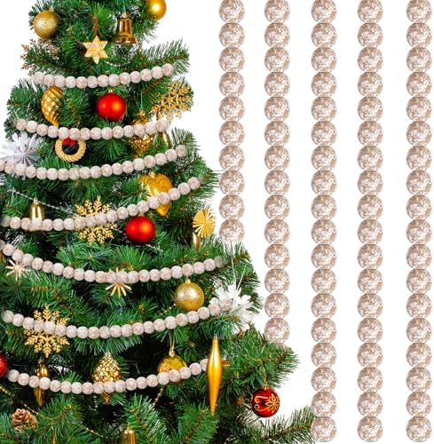 Fairysandy 39.3 ft Frosted Wooden Bead Garland Christmas Farmhouse Decor