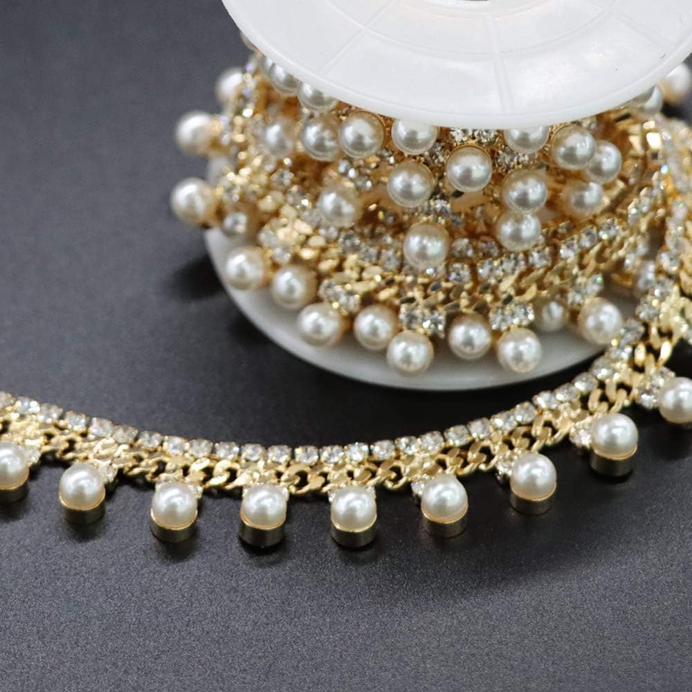 jerler 2 yard pearl tassel rhinestone trim, inlaid, close-up detail