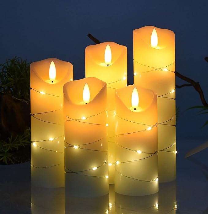 danip flameless Candle, with Embedded String Lights, 5-Piece LED Candles, with 10-Key Remote Control, 24-Hour Timer Function, Dancing Flame, Real Wax, Battery-Powered. (Ivory White)