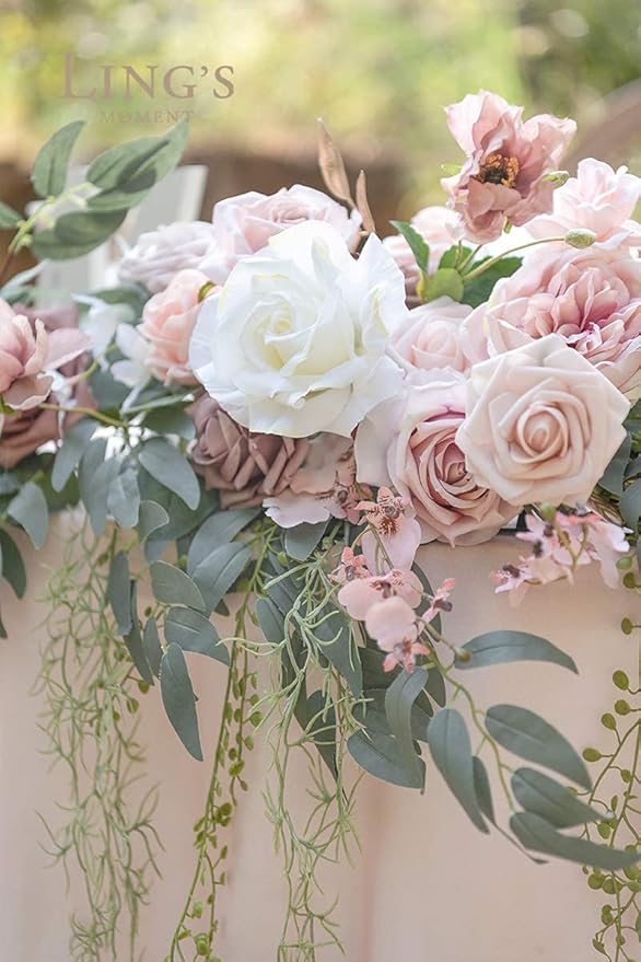 Ling's Moment 9FT Spring Flower Garland for Backdrop Decorations - Wedding Arch Flowers, Eucalyptus & Rose, Artificial Floral Garland for Mantle - Sweetheart Table Decor for Reception, Dusty Rose