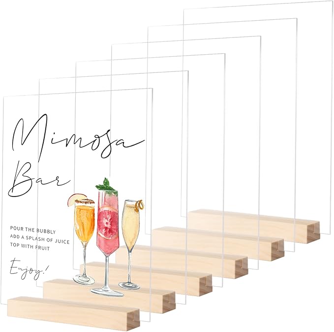 JINMURY 8x10 Inch Clear Acrylic Sign with Holder- 6 Pack Blank Clear Acrylic Sheets and Wood Stands, DIY Blank Table Sign for Wedding Party Reception (6 Pack 8x10 Inch)