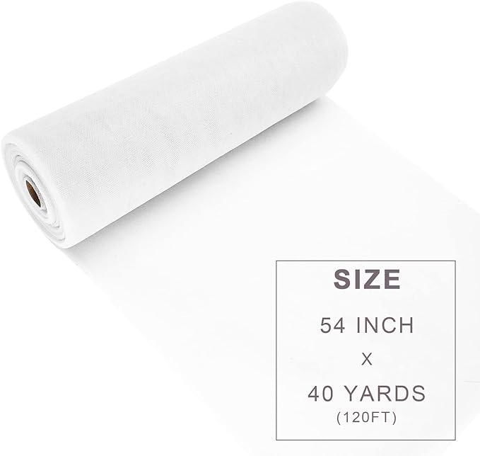 White Tulle Fabric Roll Spool Bolt (54 Inch by 40 Yards) Large Tulle Wedding Party Decoration, Tutu Skirt, Table Runner, Gift Wrapping, Bridal Shower, Soft & Drape (White)