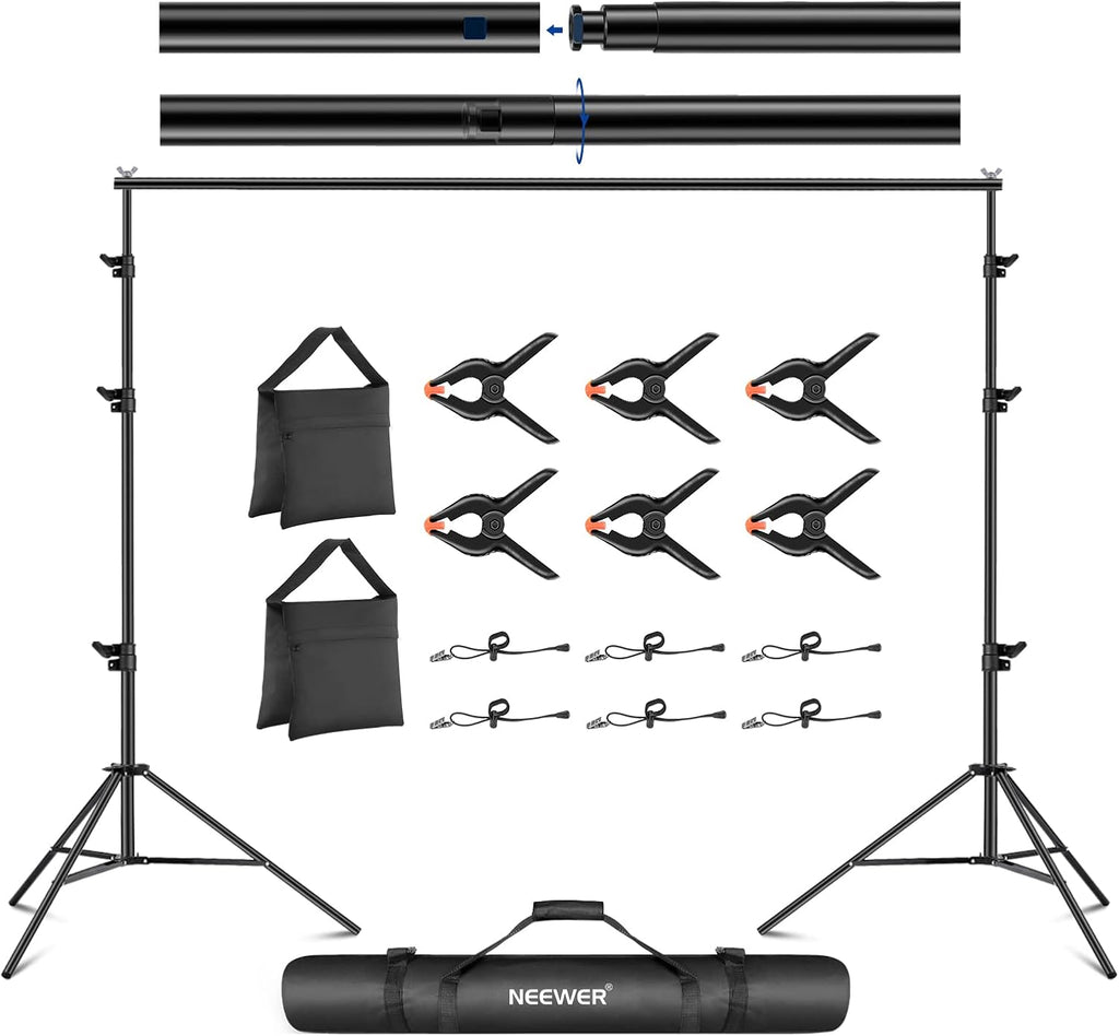 NEEWER 8.5x10ft Adjustable Backdrop Stand Kit, Photography Background Support System with 4 Crossbars, 6 Spring Clamps, 6 Backdrop Clips, 2 Sandbags, and Carrying Bag for Photo Video Party Ceremony