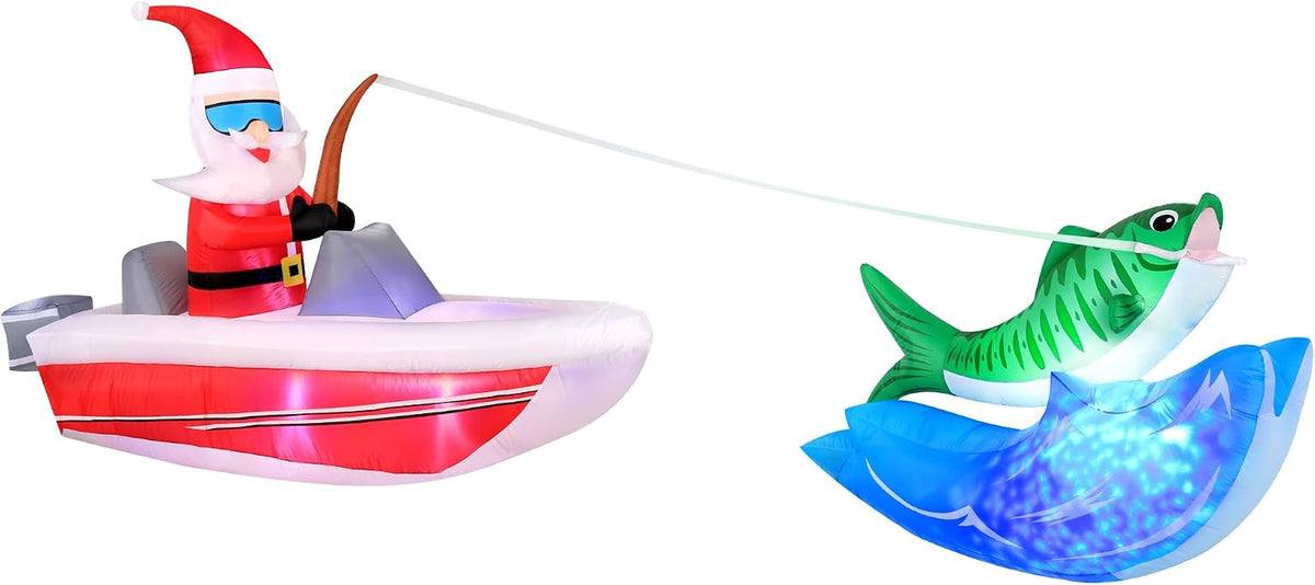 Occasions 14' Inflatable Boat Fishing Santa with Swirling Lights Inner, 4 ft Tall, Multicolored