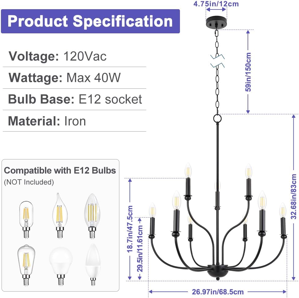 Black Chandelier Candle Style, 9-Light Farmhouse Chandelier 27’’
