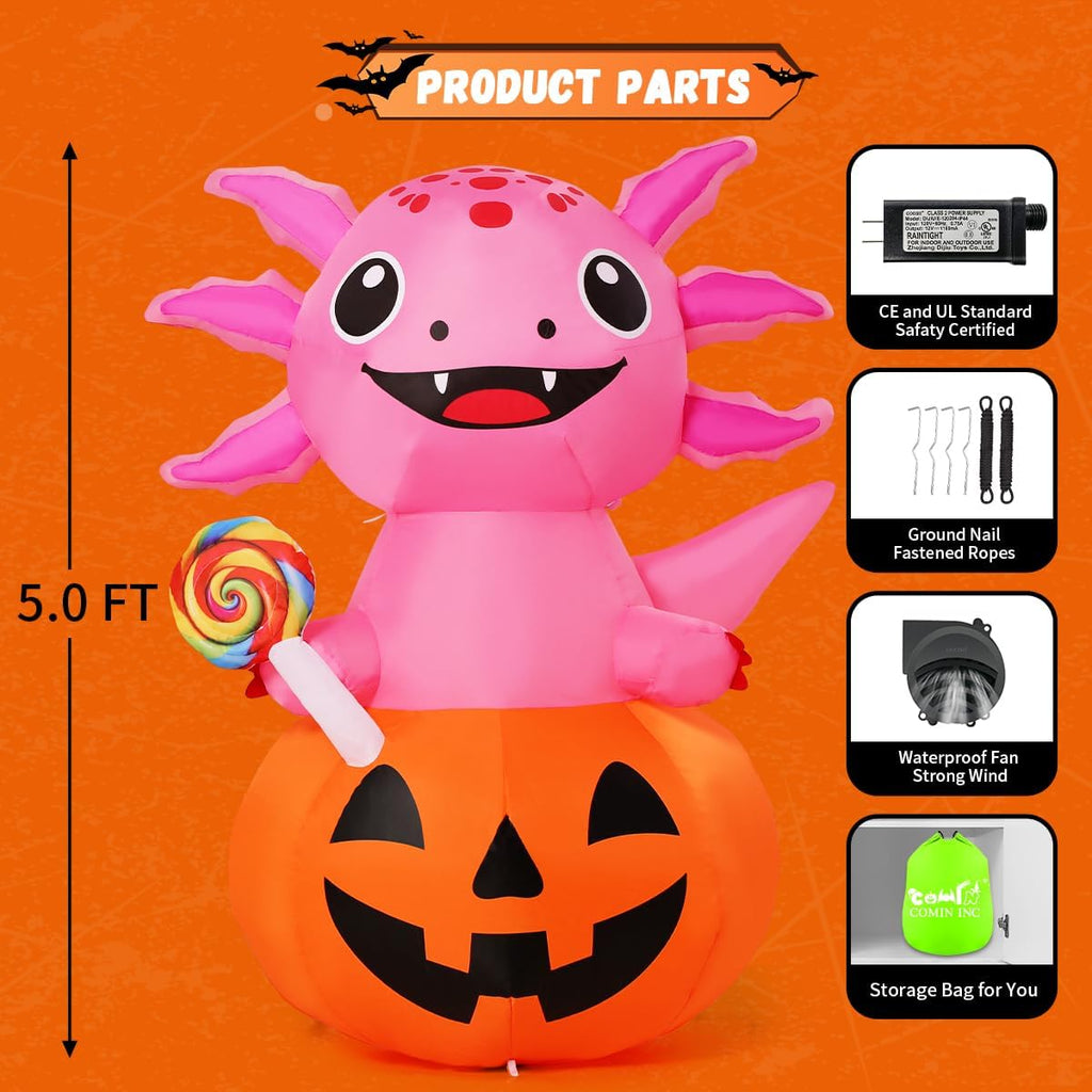 comin 5 ft halloween inflatables axolotl pumpkin outdoor on a desk or shelf