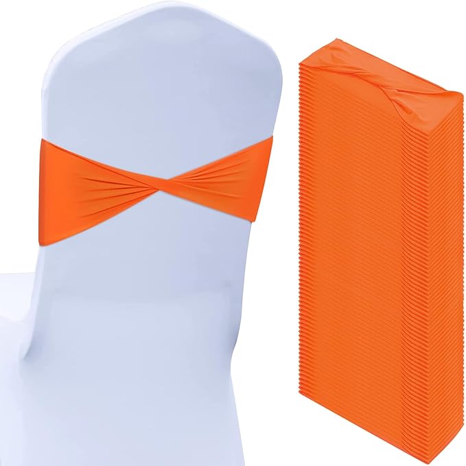 Kinlop 50 Pcs Spandex Chair Sashes Bows Chair Bands Slider Sashes for Covers Elastic Bands Ties Without Buckle Decorations for Wedding Party Events Ceremony Birthday(Orange)