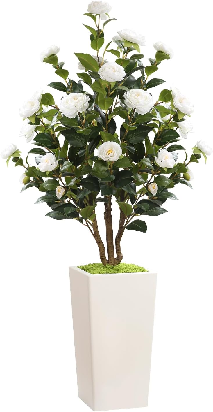 Romantic season 4FT Artificial Camellia Tree with White Tall Planter, Faux Camellia Plant Flower Tree for Modern Home Office Living Room Floor Décor Outdoor Indoor,White