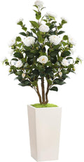 Romantic season 4FT Artificial Camellia Tree with White Tall Planter, Faux Camellia Plant Flower Tree for Modern Home Office Living Room Floor Décor Outdoor Indoor,White