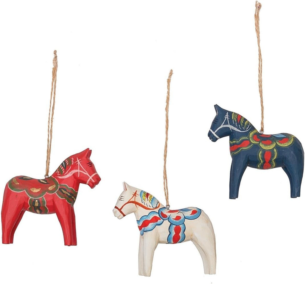 Wood Carved Dala Red White & Blue Horses Christmas Tree Ornaments of 3
