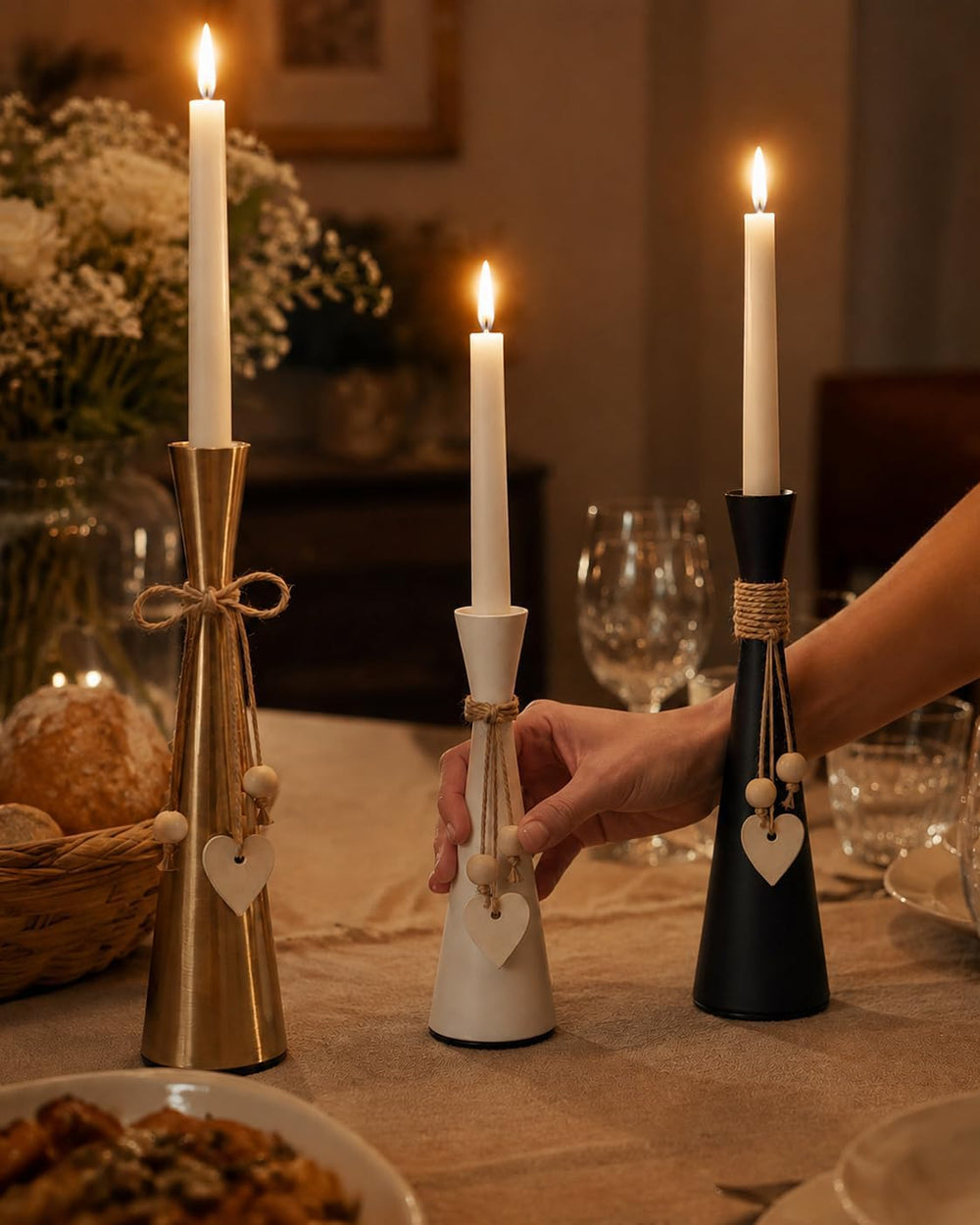 Metal Candlestick Holders Set of 3, Taper Candle Holders with Wood Charms