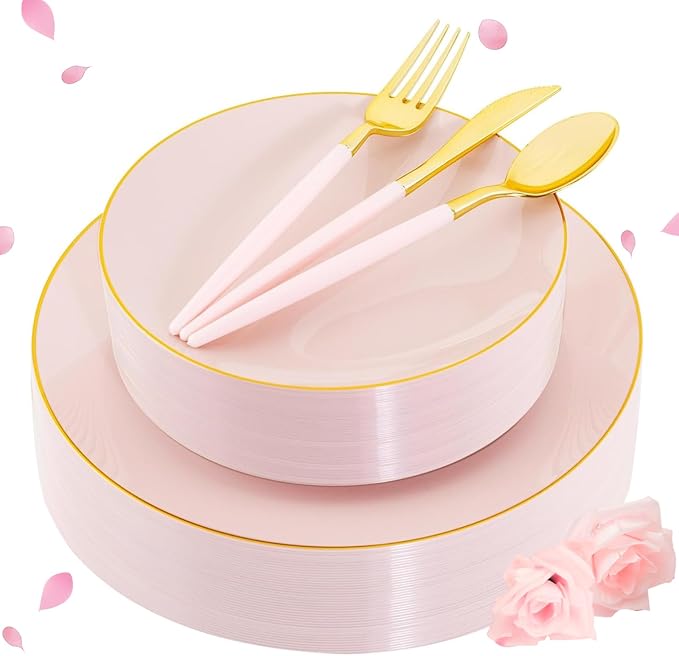 Liacere 150PCS Plastic Plates-Gold Plastic Silverware with Pink Handle - Pink Disposable Plates Include 30 Guests Plates, Forks, Spoons, Knives for Wedding ＆ Easter Day ＆Mother's Day