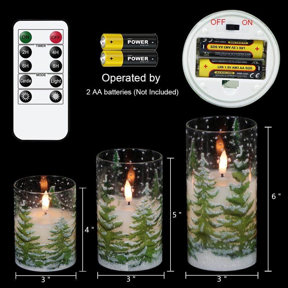 glass flameless christmas tree pillar candles with remote, close-up detail