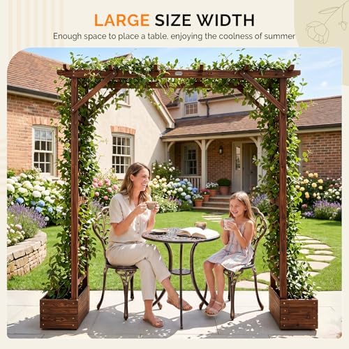 VINGLI Wooden Garden Arbor with Planter, Wedding Arch for Ceremony, Wood Garden Arbour Trellis for Plant Climbing, Pergola for Garden Backyard, Lawn, Outdoor (Dark Brown)