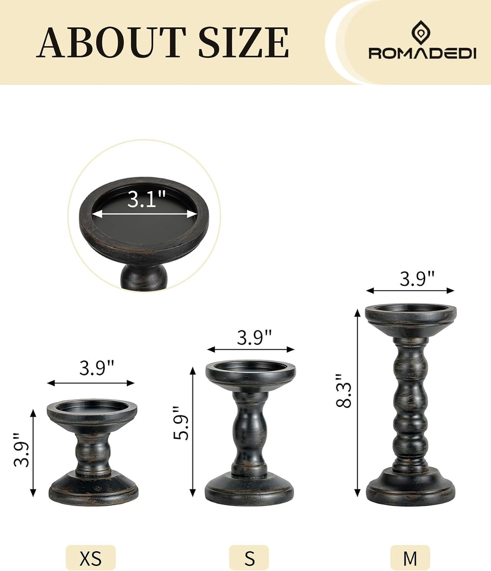 Romadedi Solid Wood Pillar Candle Holder, Black, Set of 3, 8.3/5.9/3.9-in